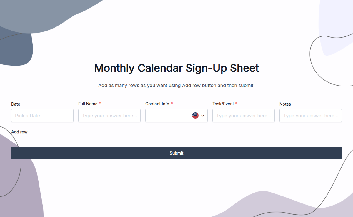 Monthly Calendar Sign-Up Sheet